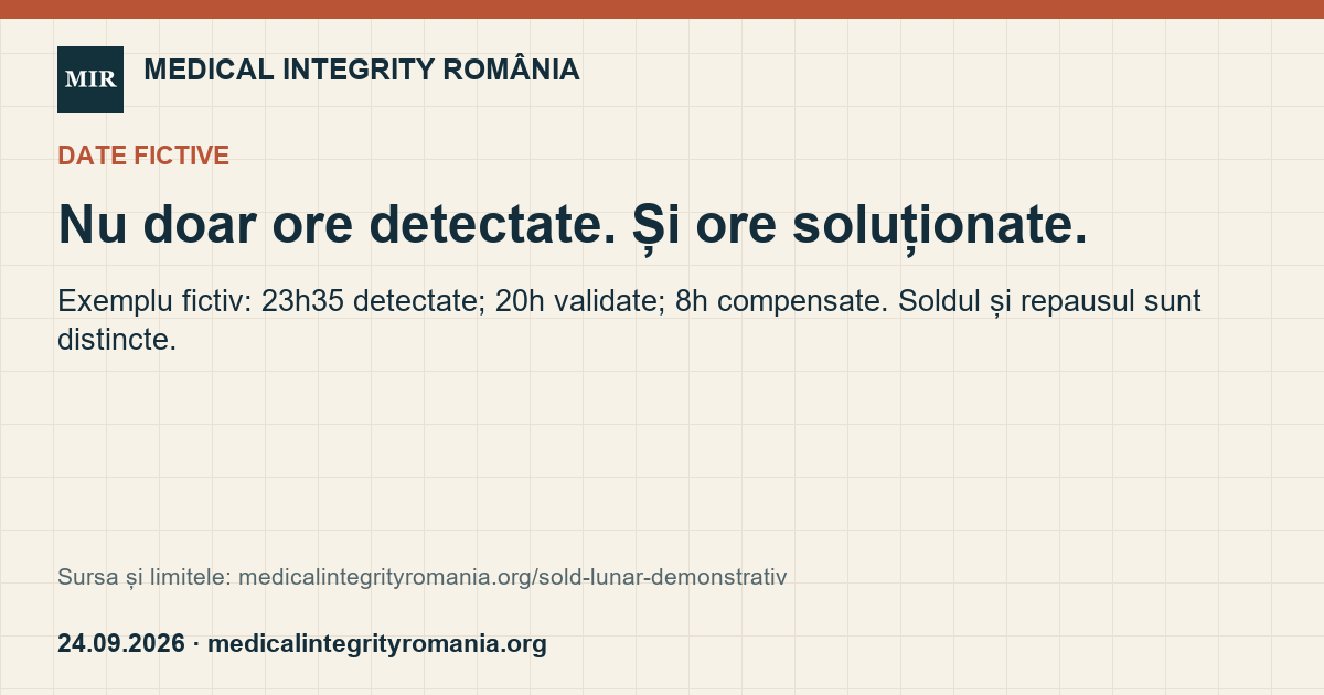 Nu doar ore detectate. Și ore soluționate. Exemplu fictiv: 23h35 detectate; 20h validate; 8h compensate. Soldul și repausul sunt distincte.