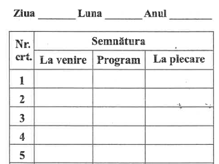 Fragment din modelul necompletat: Semnătura, cu subrubricile La venire, Program, La plecare.